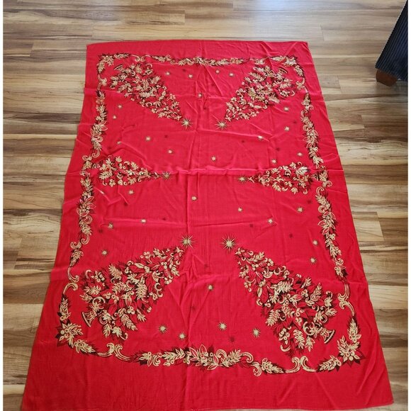 Vintage California Hand Prints Red & Gold Christmas Tablecloth With Festive Tree - Picture 1 of 4